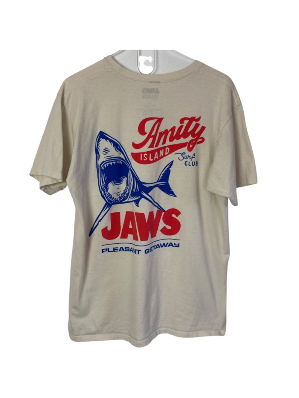 Jaws x Pleasant Getaway Graphic T Shirt Mens Large Amity Island Surf Club Beige - Picture 5 of 7